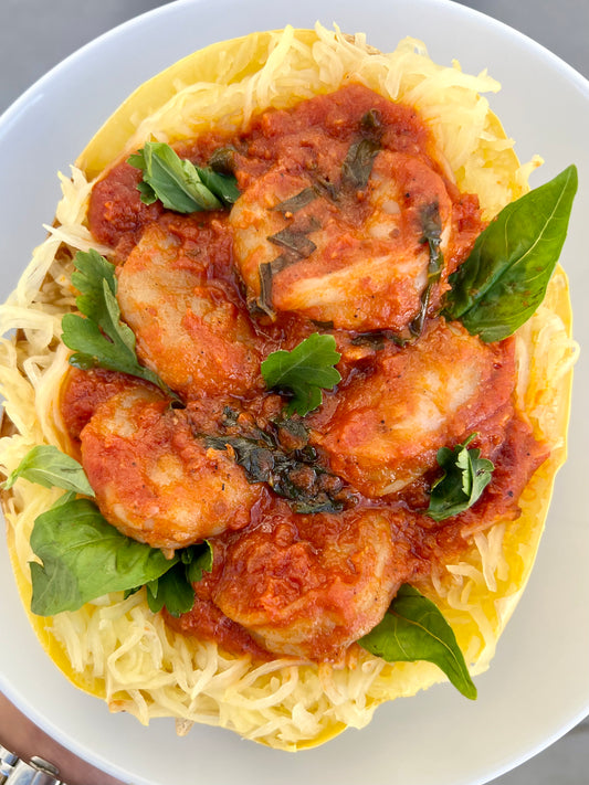 Lenten Garlicky Shrimp Pasta with spaghetti squash | Heather Hartman Health