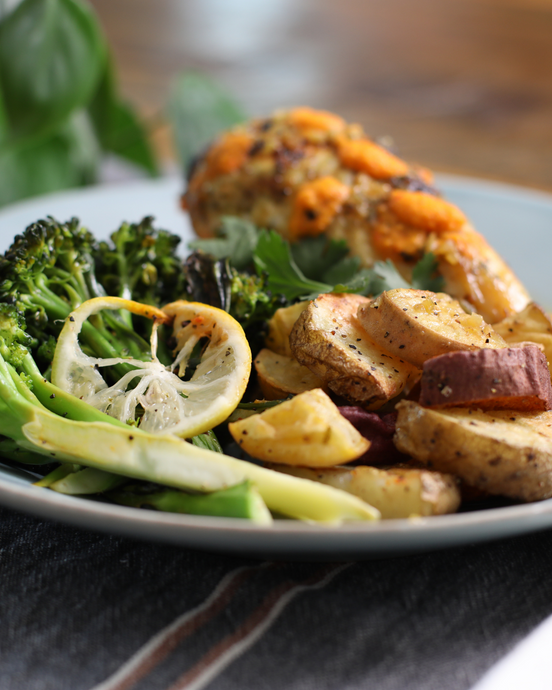 Roasted Chicken with Crispy Sweet Potato Wedges, Charred Broccolini and Peri Peri Sauce