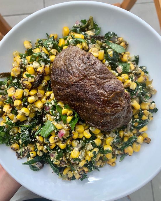 Grilled Steak Over Shishito Peppers + Corn Bowl