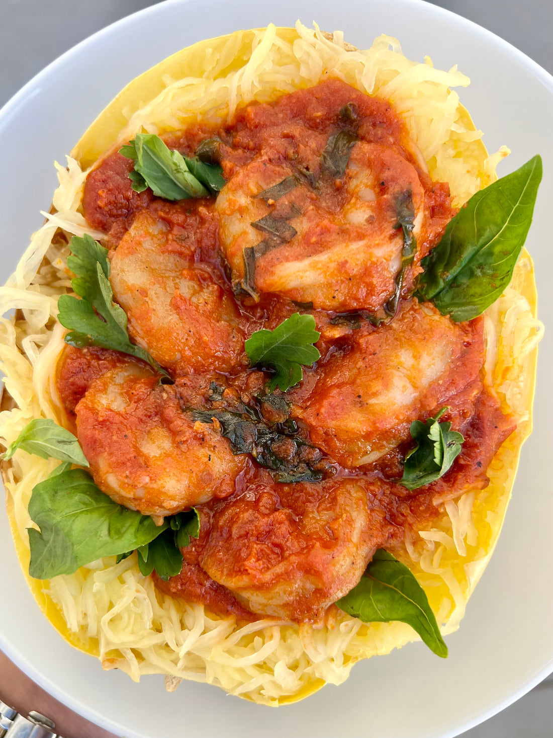 Lenten Garlicky Shrimp Pasta with spaghetti squash | Heather Hartman Health