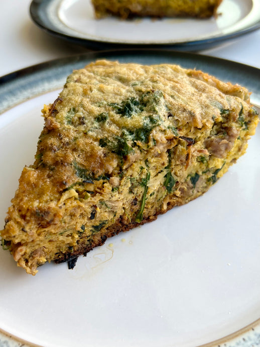 Frittata with Caramelized Cabbage, Italian Sausage, Greens and Herbs