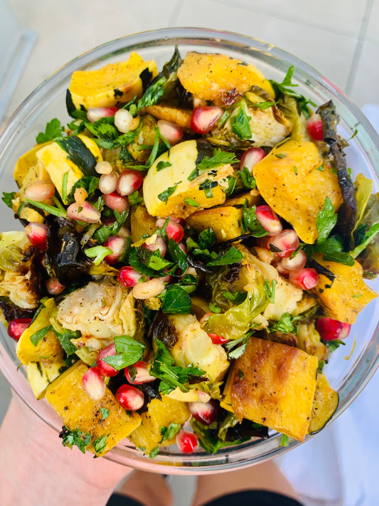 Roasted Delicata Squash, Brussels and Pomegranate⁠⁠ | Heather Hartman Health Denver Health Coach Denver Private Chef